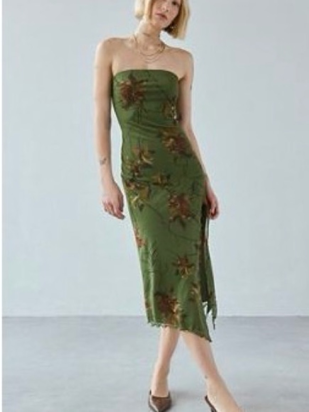 Urban Outfitters Olive Green Strapless Floral Midi Dress